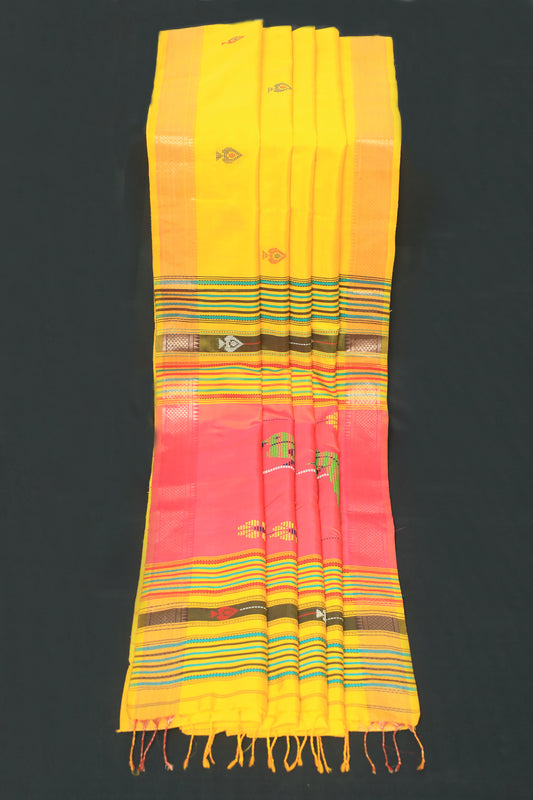 Handwoven Yellow Bishnupuri Silk Saree in Yellow
