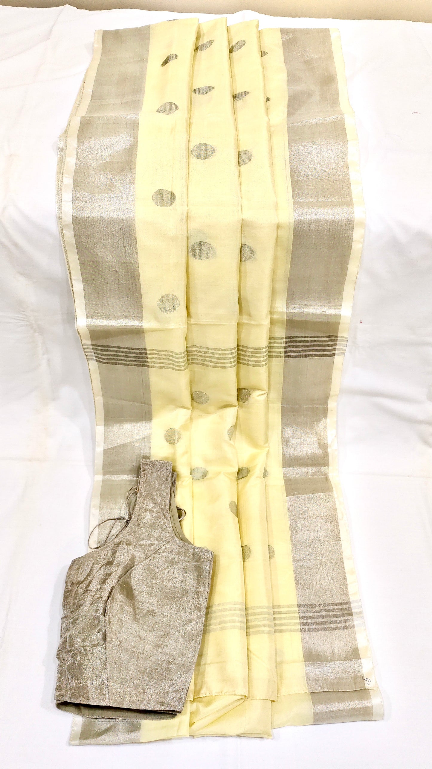 Handwoven Cream Uppada Silk Saree with Silver Zari Polka Dots