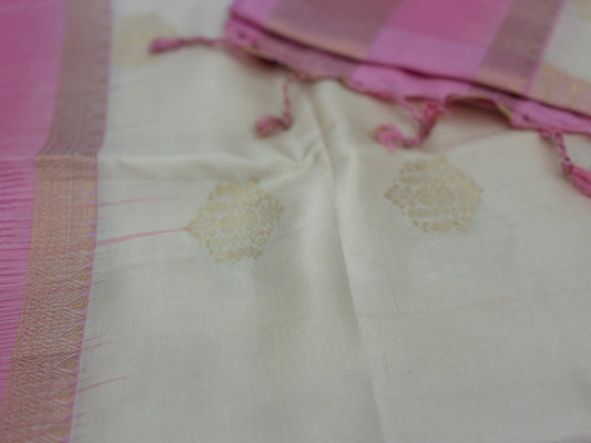Handwoven Pure Kanjivaram Silk Saree in Ivory & Rose