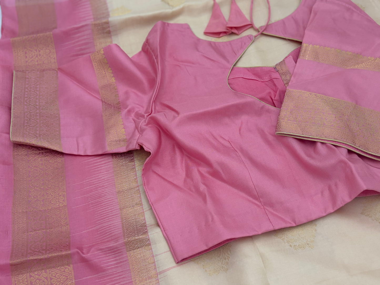 Handwoven Pure Kanjivaram Silk Saree in Ivory & Rose