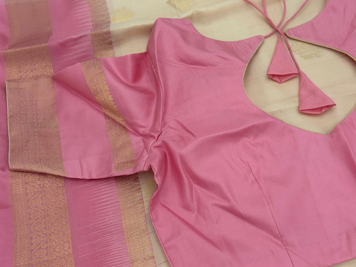 Handwoven Pure Kanjivaram Silk Saree in Ivory & Rose