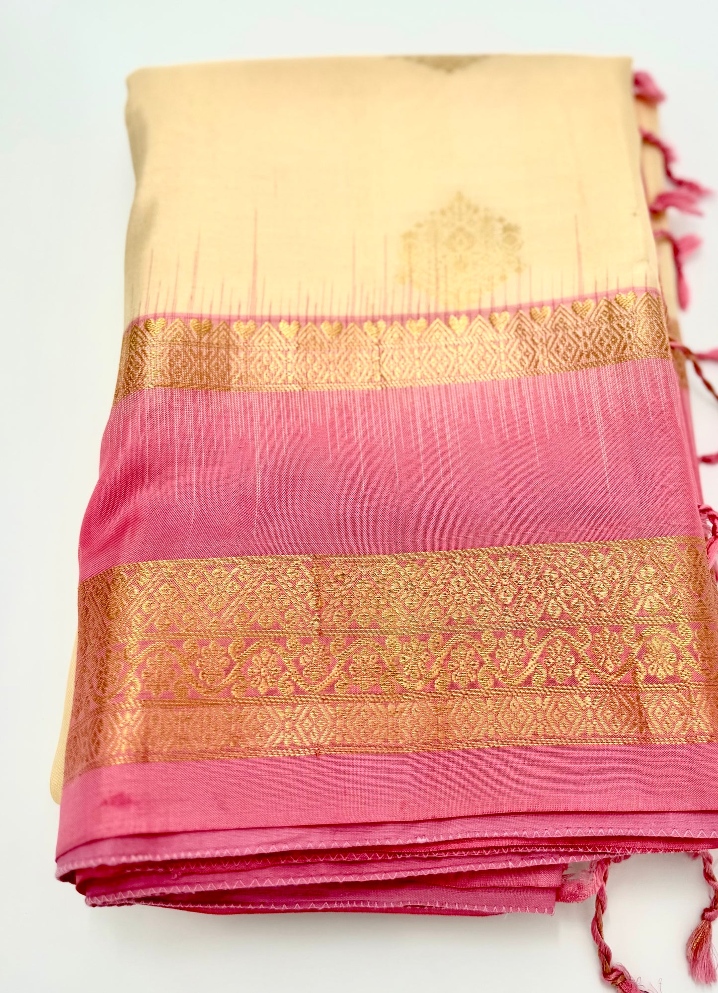 Handwoven Pure Kanjivaram Silk Saree in Ivory & Rose