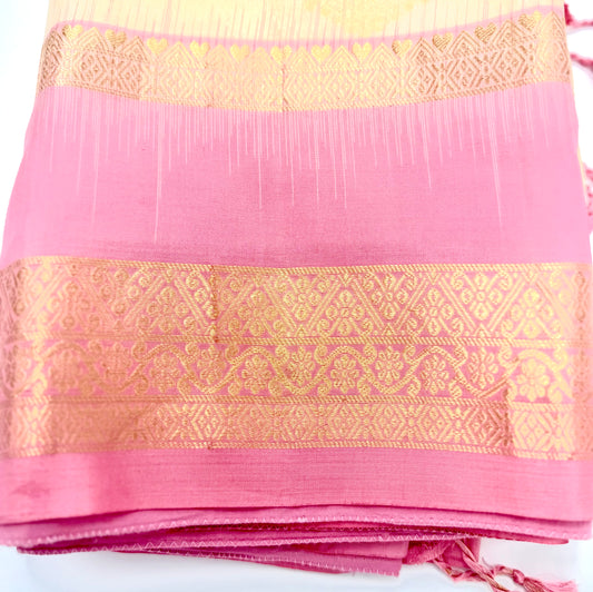 Handwoven Pure Kanjivaram Silk Saree in Ivory & Rose