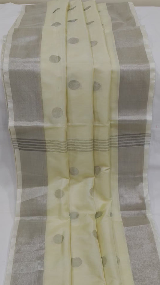 Handwoven Cream Uppada Silk Saree with Silver Zari Polka Dots